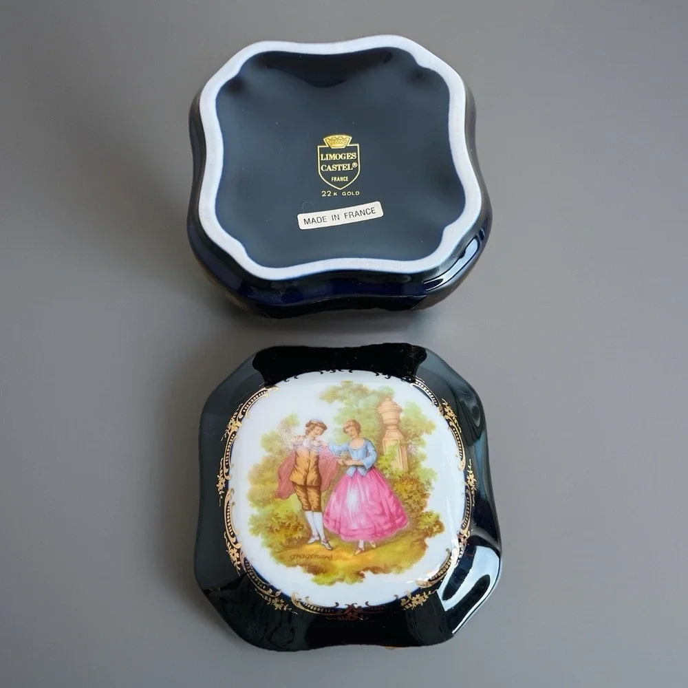 d'Art Limoges France Cobalt Blue Gold Porcelain Jewelry Trinket Box Vintage